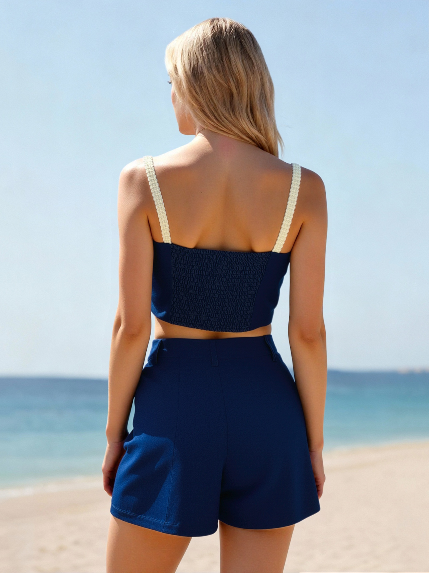 Women's Navy Beige Embroidered Camisole Cropped Top + Shorts Set, Holiday-style Retro Slimming Two-piece Outfit