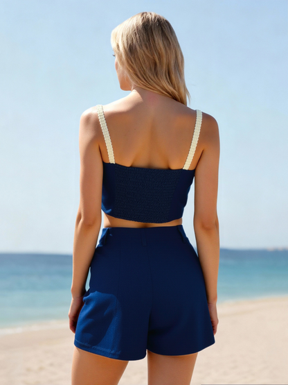 Women's Navy Beige Embroidered Camisole Cropped Top + Shorts Set, Holiday-style Retro Slimming Two-piece Outfit