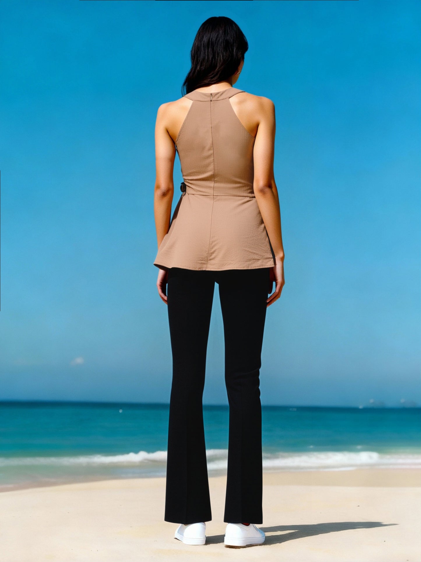 Women's Khaki Sleeveless Side-button Asymmetric Top + Black Flared Pants Set, Holiday-style Casual Slimming Two-piece Outfit