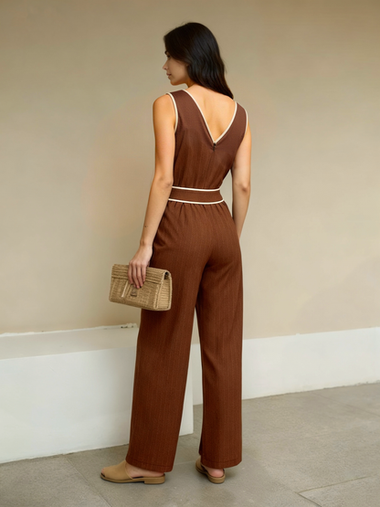 "Women's Brown Contrast-trimmed Double-breasted Wide-leg Jumpsuit, Retro-style Elegant Slimming Onesie "