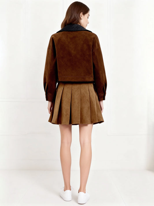 Women's Brown Suede-Like Color-Block Paneled Cropped Jacket + Pleated Skirt Two-Piece Set