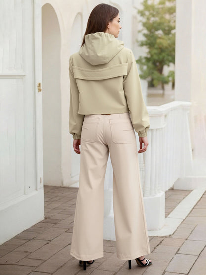 Women's Off-White Color-Block Fitted-Waist Hooded Utility-Style Jacket + Wide-Leg Pants Two-Piece Set