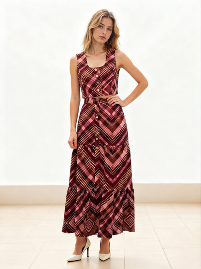 "Women's Red-brown Plaid Square Neck Cropped Top + Slit Maxi Skirt Set, Retro-style Elegant Slimming Two-piece Outfit "