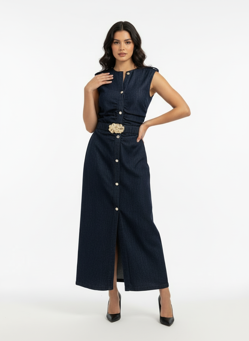 Women's Dark Blue Single-breasted Waist-defined Slit Sleeveless Denim Maxi Dress, Retro-style Smart Slimming Dress