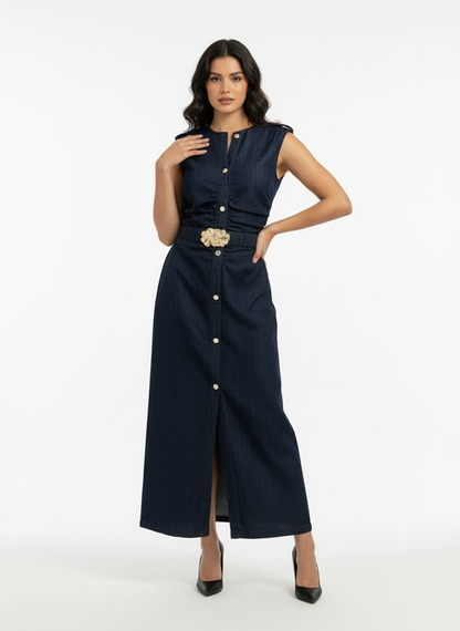 Women's Dark Blue Single-breasted Waist-defined Slit Sleeveless Denim Maxi Dress, Retro-style Smart Slimming Dress