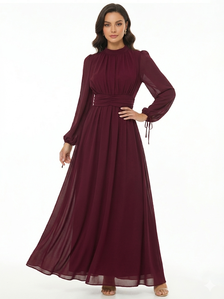 "Women's Burgundy Stand Collar Long-sleeve Waist-defined Maxi Dress, Retro-style Elegant Slimming Dress "