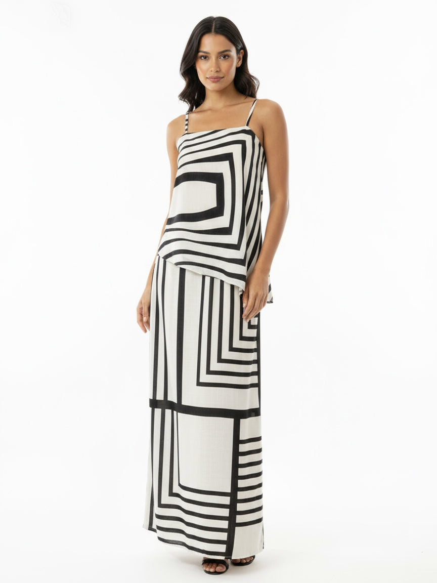 Women's Black and White Geometric Patterned Camisole Cropped Top + Black and White Geometric Patterned Maxi Skirt Set, Retro-style Minimalist Slimming Two-piece Outfit