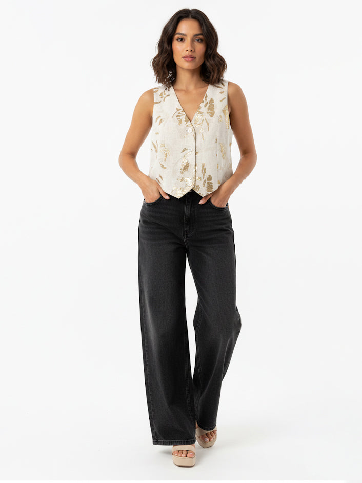 Women's Beige-gold Sequin V-neck Sleeveless Cropped Top