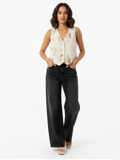 Women's Beige-gold Sequin V-neck Sleeveless Cropped Top