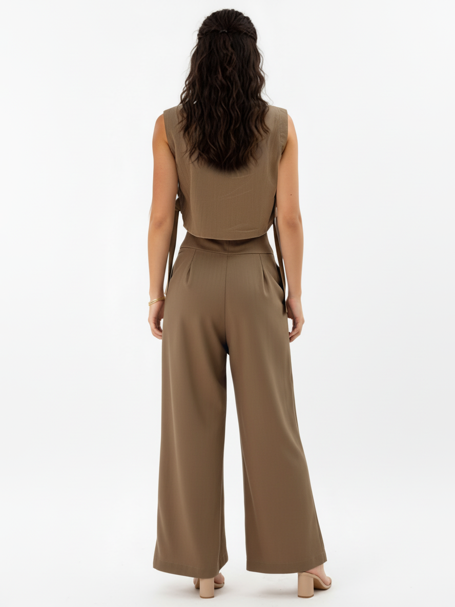 Women's Khaki Sleeveless Cropped Top + High-waisted Wide-leg Pants Set, Retro-style Minimalist Slimming Two-piece Outfit
