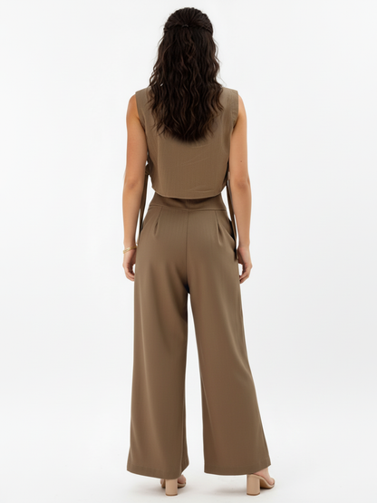 Women's Khaki Sleeveless Cropped Top + High-waisted Wide-leg Pants Set, Retro-style Minimalist Slimming Two-piece Outfit