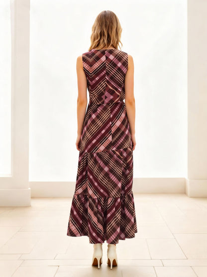"Women's Red-brown Plaid Square Neck Cropped Top + Slit Maxi Skirt Set, Retro-style Elegant Slimming Two-piece Outfit "