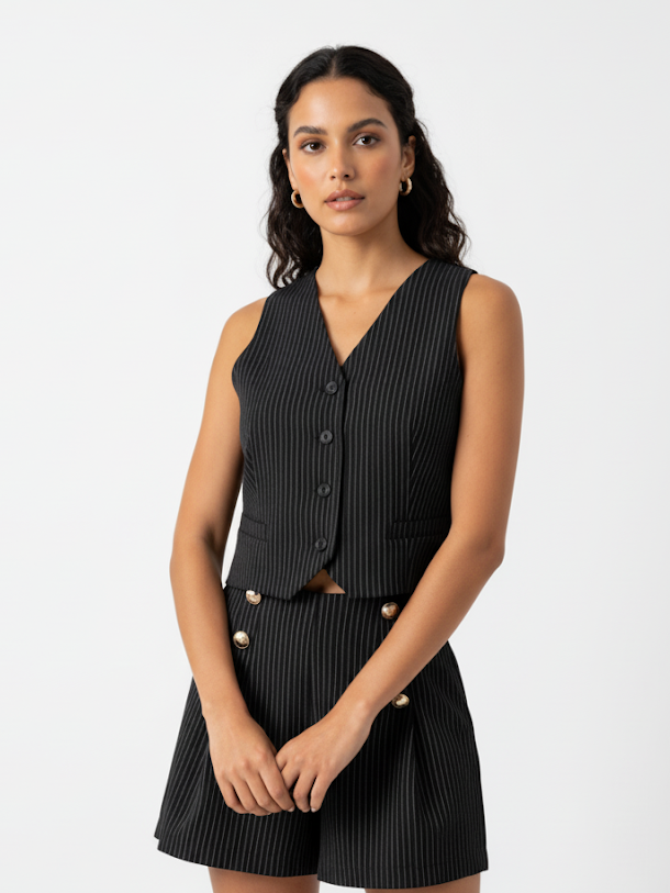 Women's Black Pinstripe V-neck Sleeveless Cropped Top + Black Striped Metal Buckle Shorts Set, Retro-style Smart Slimming Two-piece Outfit