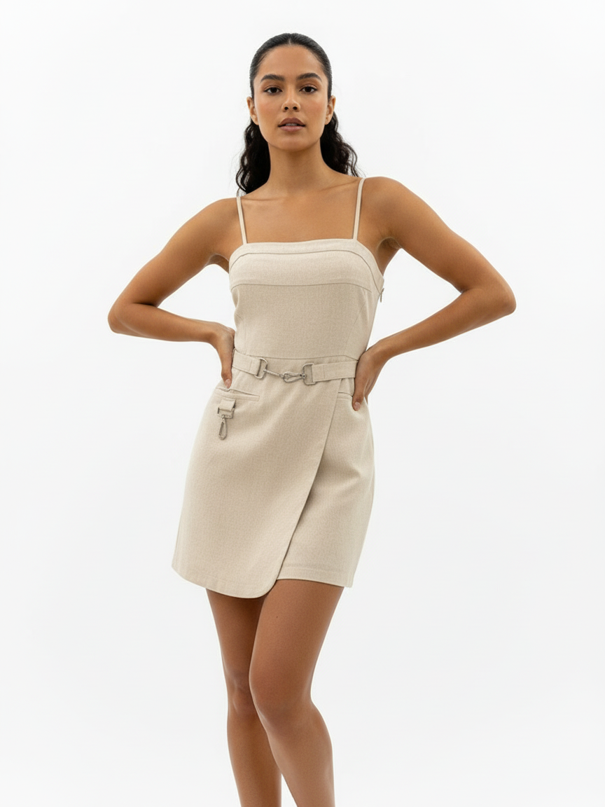 Women's Beige Camisole Waist-defined Metal Buckle-embellished Asymmetric Dress, Retro-style Smart Slimming Dress