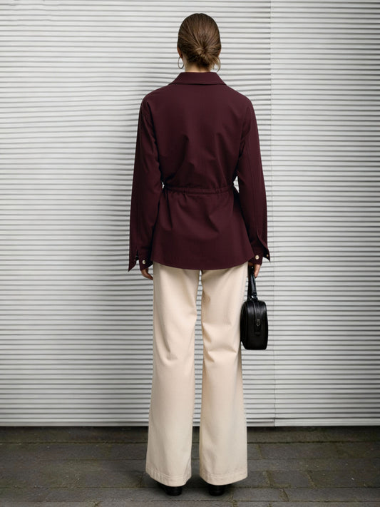 Women's Burgundy Fitted-Waist Utility-Style Jacket + Beige Wide-Leg Pants Two-Piece Set