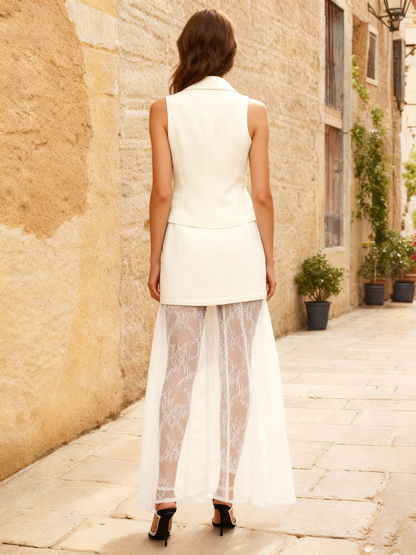 Women's White Sleeveless Blazer Vest + Mesh Lace Midi Skirt Set, Office-style Retro Metallic Accent Two-piece Outfit