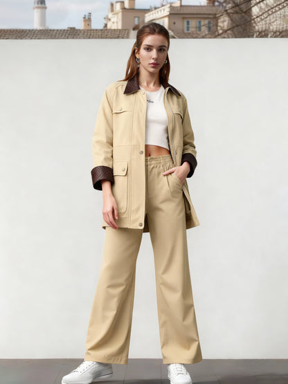 Women's Khaki Color-Block Cargo-Style Jacket + Wide-Leg Pants Two-Piece Set, Women's Casual & Office-Ready Outfit,Minimum order quantity: 1 piece