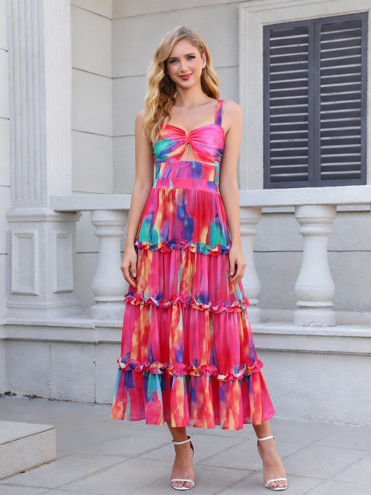 Women's Rainbow Tie-dye Ruffled Camisole Maxi Dress, Holiday-style Sweet Waisted Midi Dress