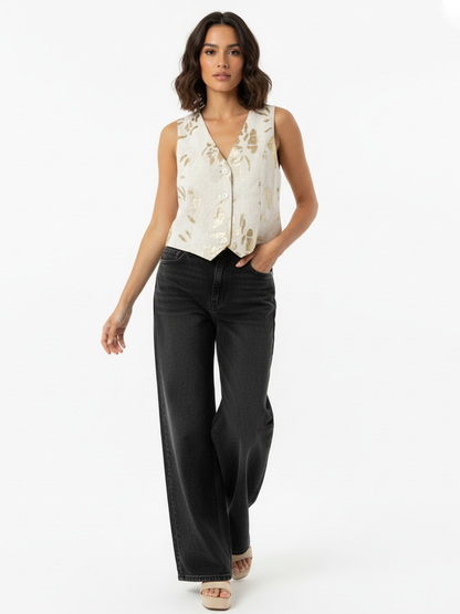 Women's Beige-gold Sequin V-neck Sleeveless Cropped Top