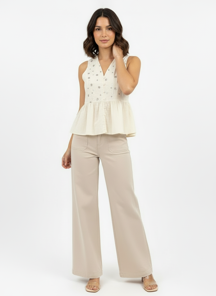 Women's Beige Floral Embroidered V-neck Sleeveless Peplum Top + Beige Wide-leg Pants Set, Retro-style Sweet Slimming Two-piece Outfit