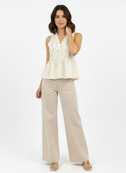 Women's Beige Floral Embroidered V-neck Sleeveless Peplum Top + Beige Wide-leg Pants Set, Retro-style Sweet Slimming Two-piece Outfit