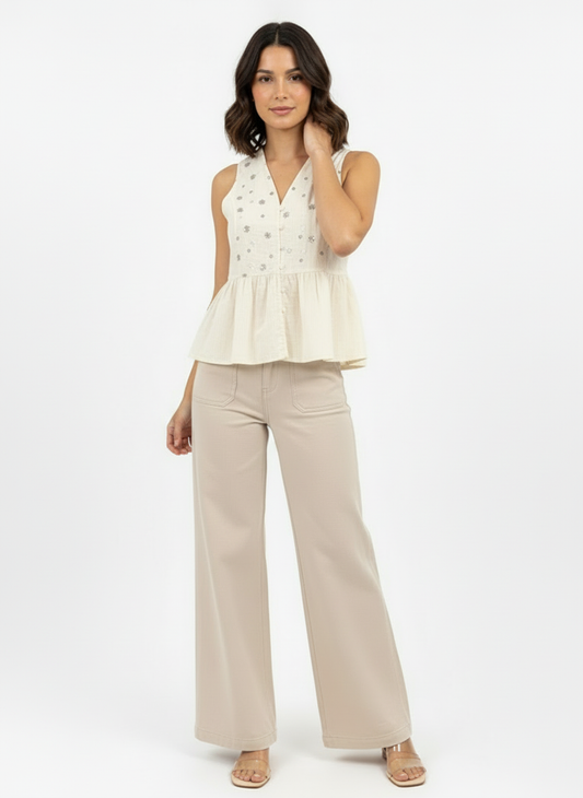Women's Beige Floral Embroidered V-neck Sleeveless Peplum Top + Beige Wide-leg Pants Set, Retro-style Sweet Slimming Two-piece Outfit
