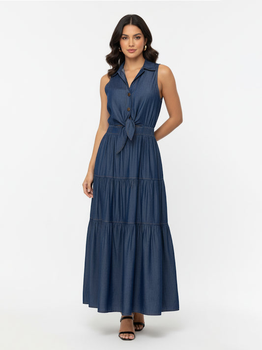 Women's Dark Blue Collared Sleeveless Tie-up Waist-defined Tiered Ruffle Denim Maxi Dress, Retro-style Sweet Slimming Dress