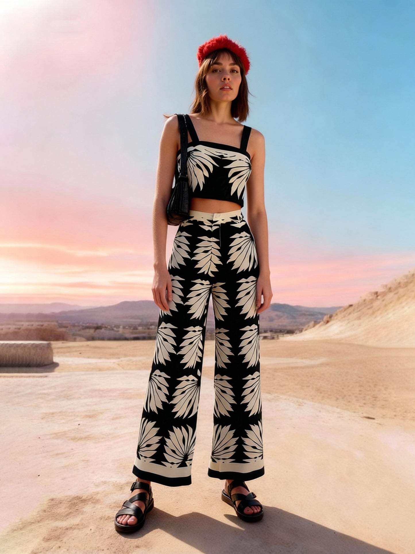 Women's Black-based Beige Plant Print Camisole Cropped Top + Wide-leg Pants Set, Holiday-style Retro Print Slimming Two-piece Outfit