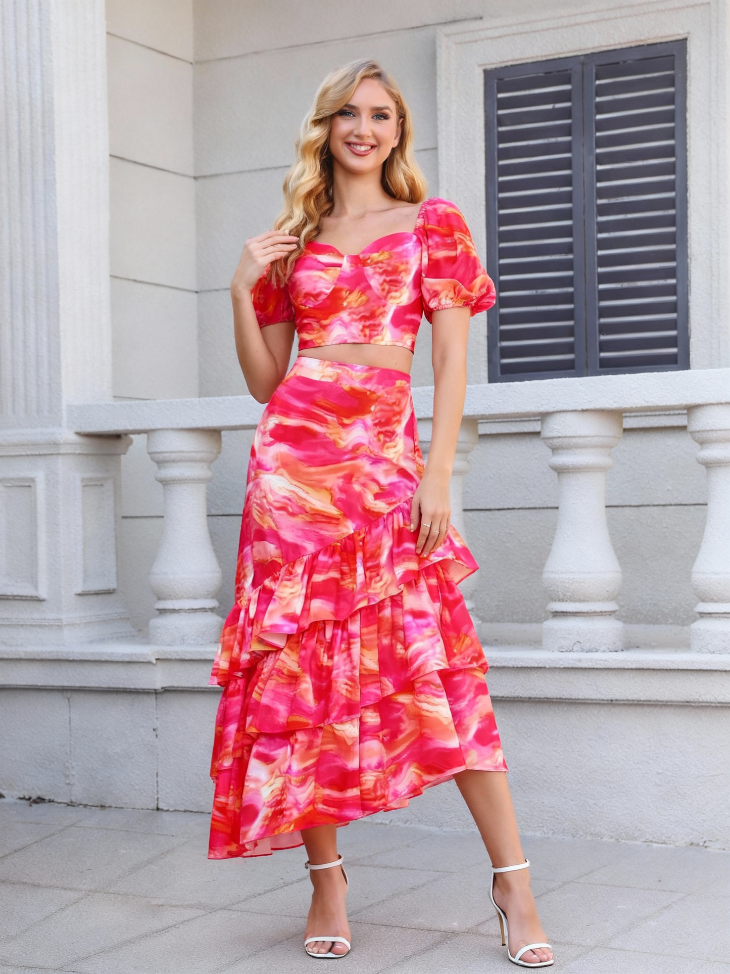 Women's Pink and Orange Tie-dye Puff Sleeve Crop Top + Ruffled Maxi Skirt Set, Holiday-style Sweet Waisted Two-piece Outfit
