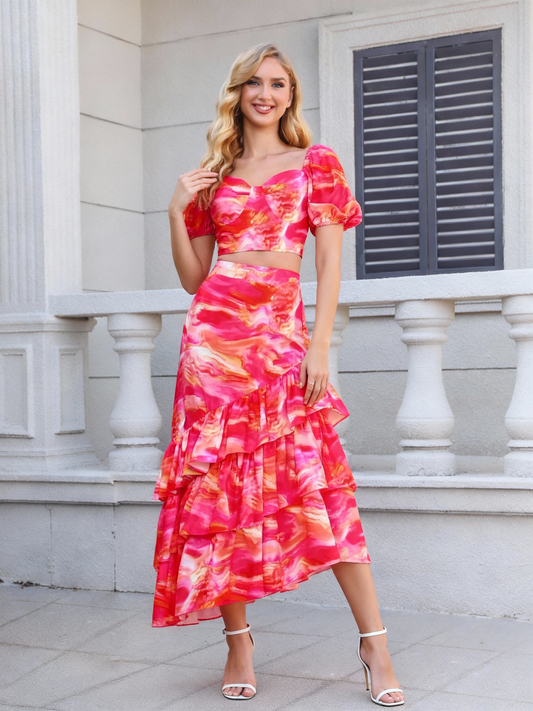 Women's Pink and Orange Tie-dye Puff Sleeve Crop Top + Ruffled Maxi Skirt Set, Holiday-style Sweet Waisted Two-piece Outfit