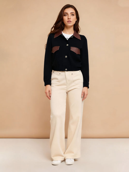 Women's Black Contrast-Color Paneled Short Jacket + Beige Wide-Leg Pants Two-Piece Set