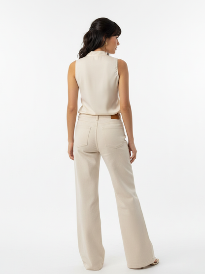 Women's Beige Draped Collar Sleeveless Waist-defined Top + Beige Wide-leg Pants Set, Retro-style Elegant Slimming Two-piece Outfit