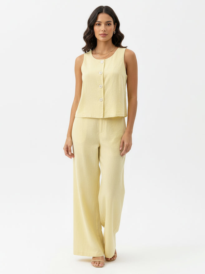 Women's Light Yellow Sleeveless Single-breasted Cropped Top + Wide-leg Pants Set, Retro-style Fresh Slimming Two-piece Outfit
