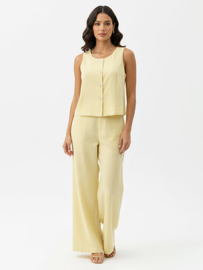 Women's Light Yellow Sleeveless Single-breasted Cropped Top + Wide-leg Pants Set, Retro-style Fresh Slimming Two-piece Outfit