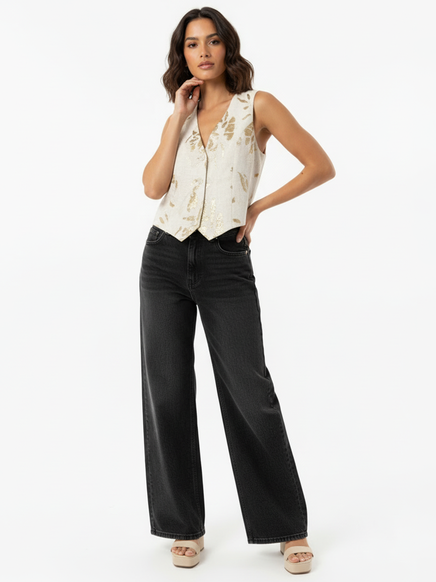 Women's Beige-gold Sequin V-neck Sleeveless Cropped Top