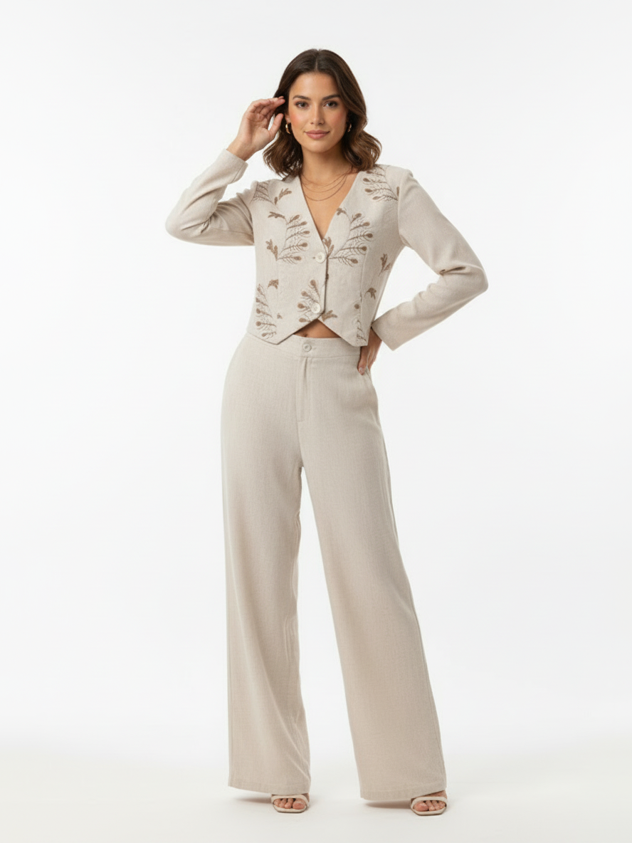 Women's Beige Plant Embroidered V-neck Cropped Top + Beige Wide-leg Pants Set, Retro-style Sweet Slimming Two-piece Outfit