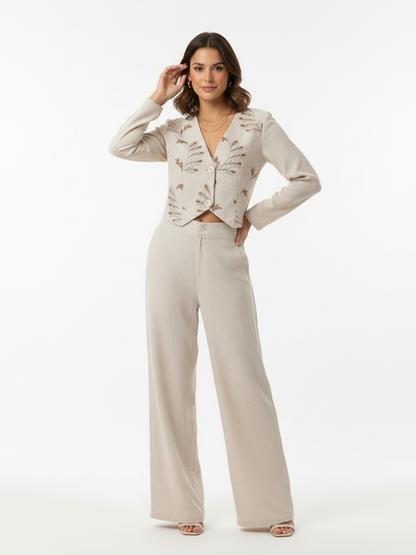 Women's Beige Plant Embroidered V-neck Cropped Top + Beige Wide-leg Pants Set, Retro-style Sweet Slimming Two-piece Outfit