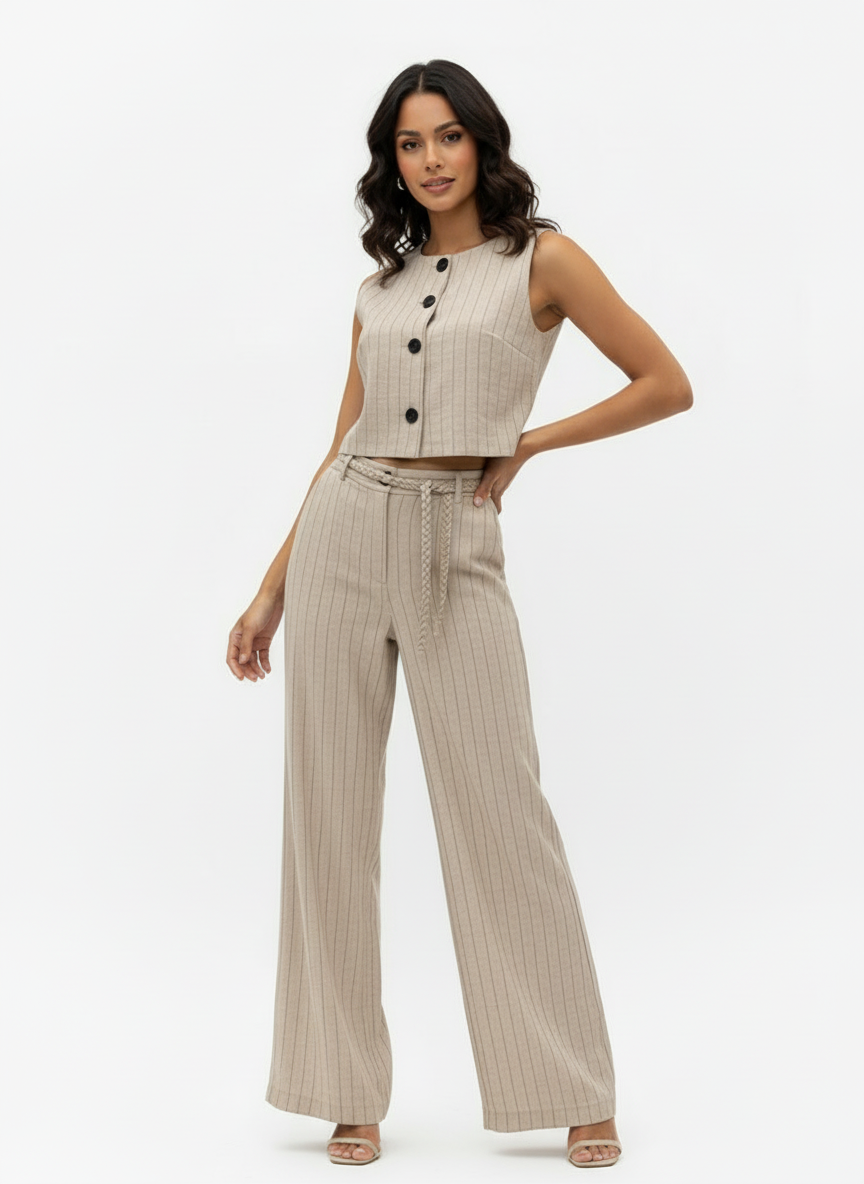 "Women's Khaki Vertical Stripe Single-breasted Sleeveless Cropped Top + High-waisted Wide-leg Pants Set, Retro-style Smart Slimming Two-piece Outfit "
