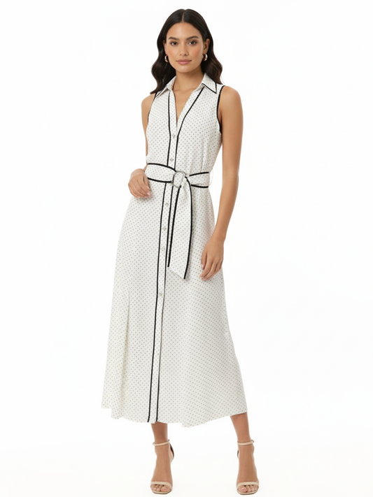 Women's White-based Black Polka Dot Contrast-trimmed Belted Collared Midi Dress, Retro-style Elegant Slimming Shirt Dress