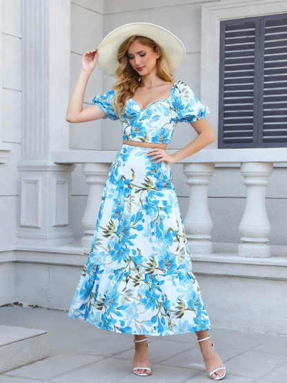 Women's Blue and White Floral Puff Sleeve Crop Top + Ruffled Maxi Skirt Set, Holiday-style Sweet Waisted Two-piece Outfit