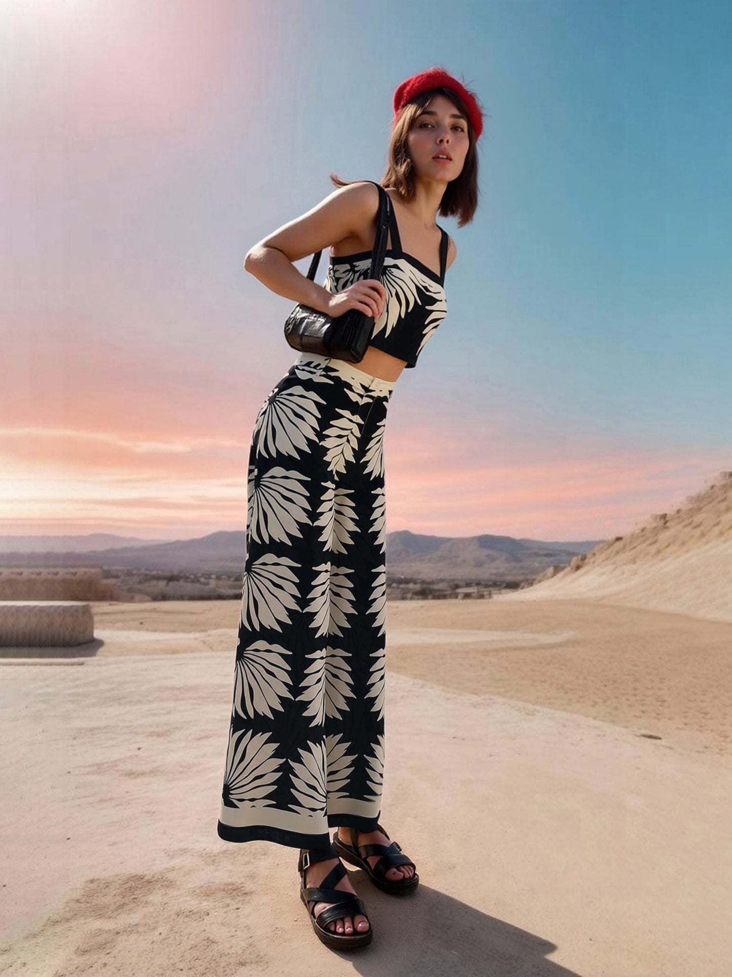 Women's Black-based Beige Plant Print Camisole Cropped Top + Wide-leg Pants Set, Holiday-style Retro Print Slimming Two-piece Outfit