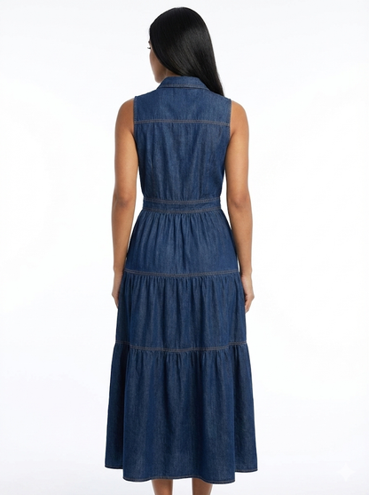 Women's Dark Blue Collared Sleeveless Tie-up Waist-defined Tiered Ruffle Denim Maxi Dress, Retro-style Sweet Slimming Dress