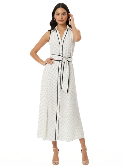 Women's White-based Black Polka Dot Contrast-trimmed Belted Collared Midi Dress, Retro-style Elegant Slimming Shirt Dress