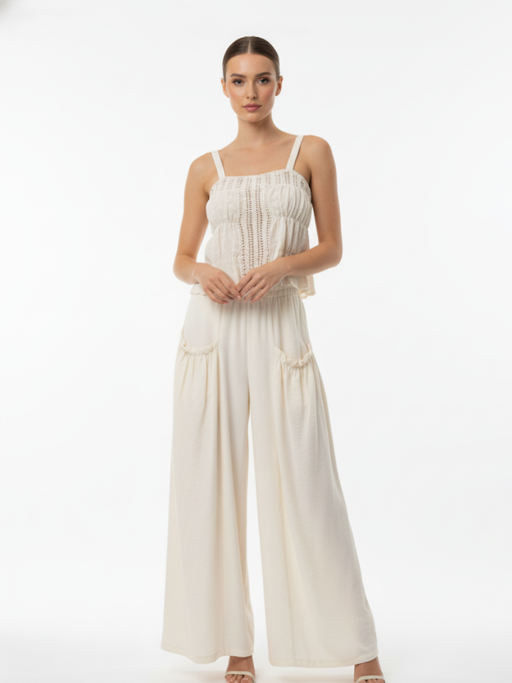 Women's Beige Hollow-out Ruched Camisole Cropped Top + Beige Wide-leg Pants Set, Retro-style Sweet Slimming Two-piece Outfit