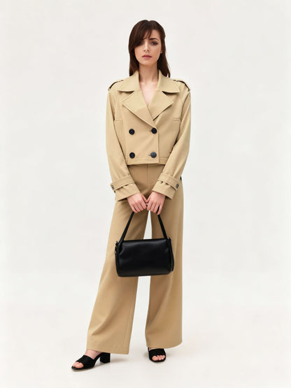 Women's Khaki Short Trench Coat + Wide-Leg Pants Two-Piece Set