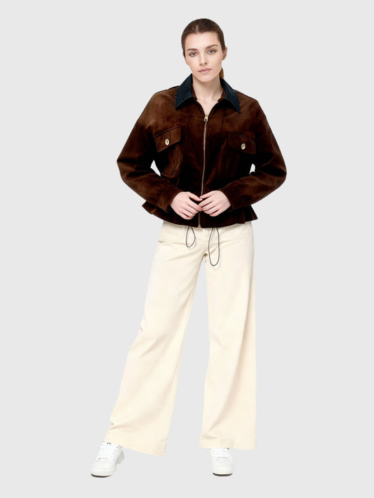 Women's Dark Brown Suede-Like Color-Block Fitted-Waist Cropped Jacket + Beige Wide-Leg Pants Two-Piece Set