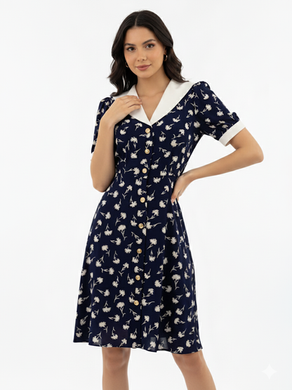 Women's Dark Blue Floral Printed Contrast Collar Short-sleeve Waist-defined Dress, Retro-style Sweet Slimming Dress