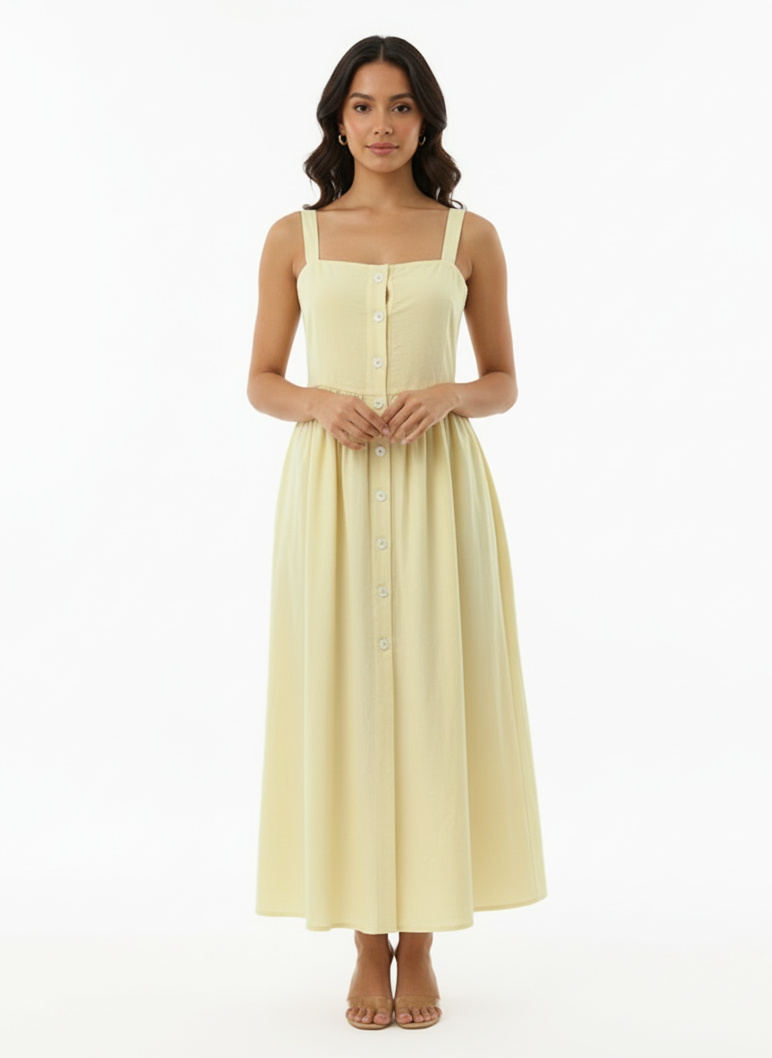 Women's Light Yellow Square Neck Single-breasted Camisole Maxi Dress, Retro-style Fresh Slimming A-line Dress