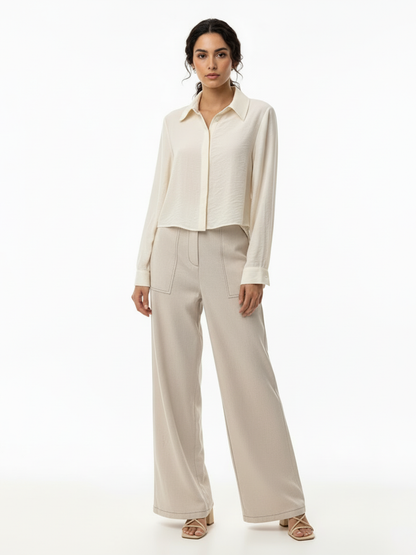 Women's Beige Collared Long-sleeve Cropped Top + Beige Wide-leg Pants Set, Retro-style Minimalist Slimming Two-piece Outfit