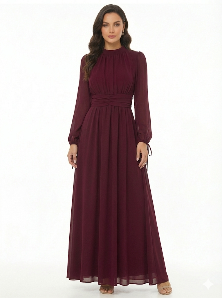 "Women's Burgundy Stand Collar Long-sleeve Waist-defined Maxi Dress, Retro-style Elegant Slimming Dress "